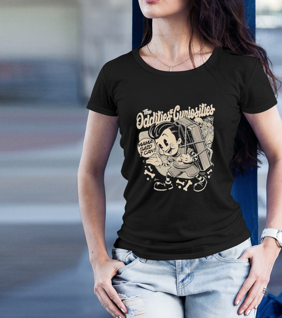 The Oddities And Curiosities Expo Mama Said I Can Skeleton Cartoon Character Carrying Coffin T-Shirt