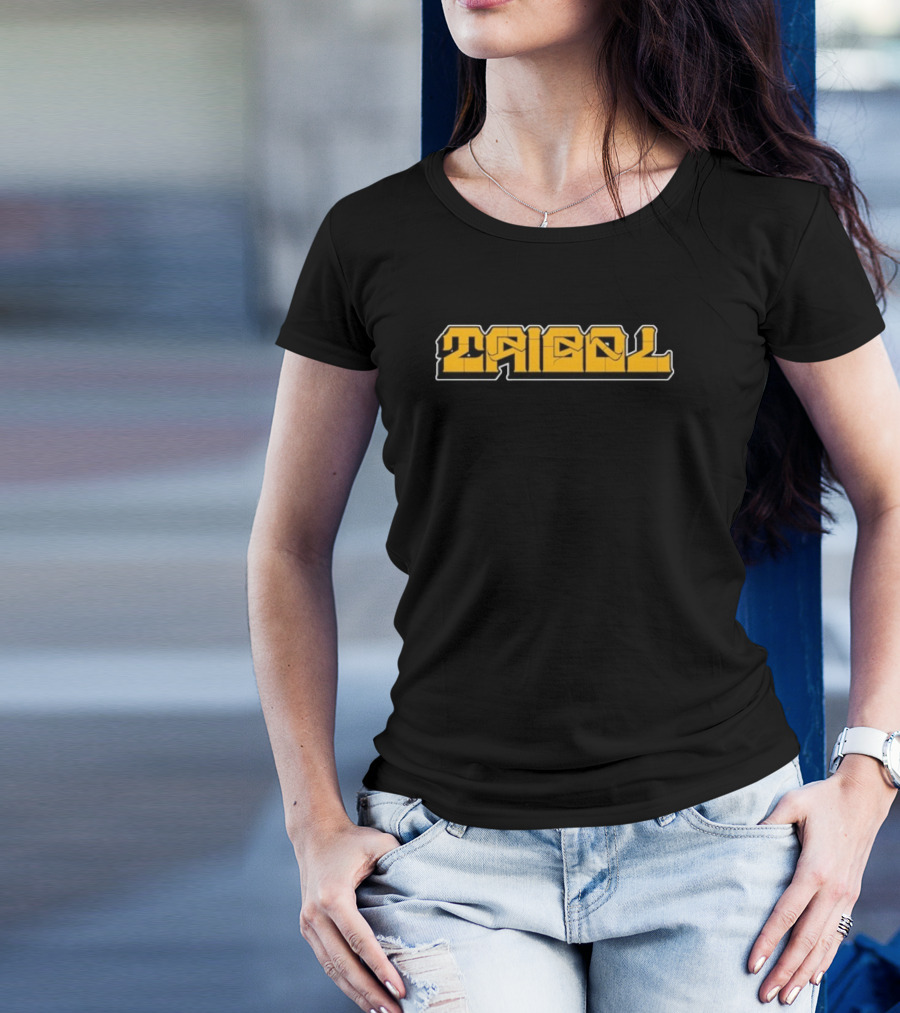 Tribal Gear Victim Gold Graffiti Font Bold Yellow Text T-Shirt