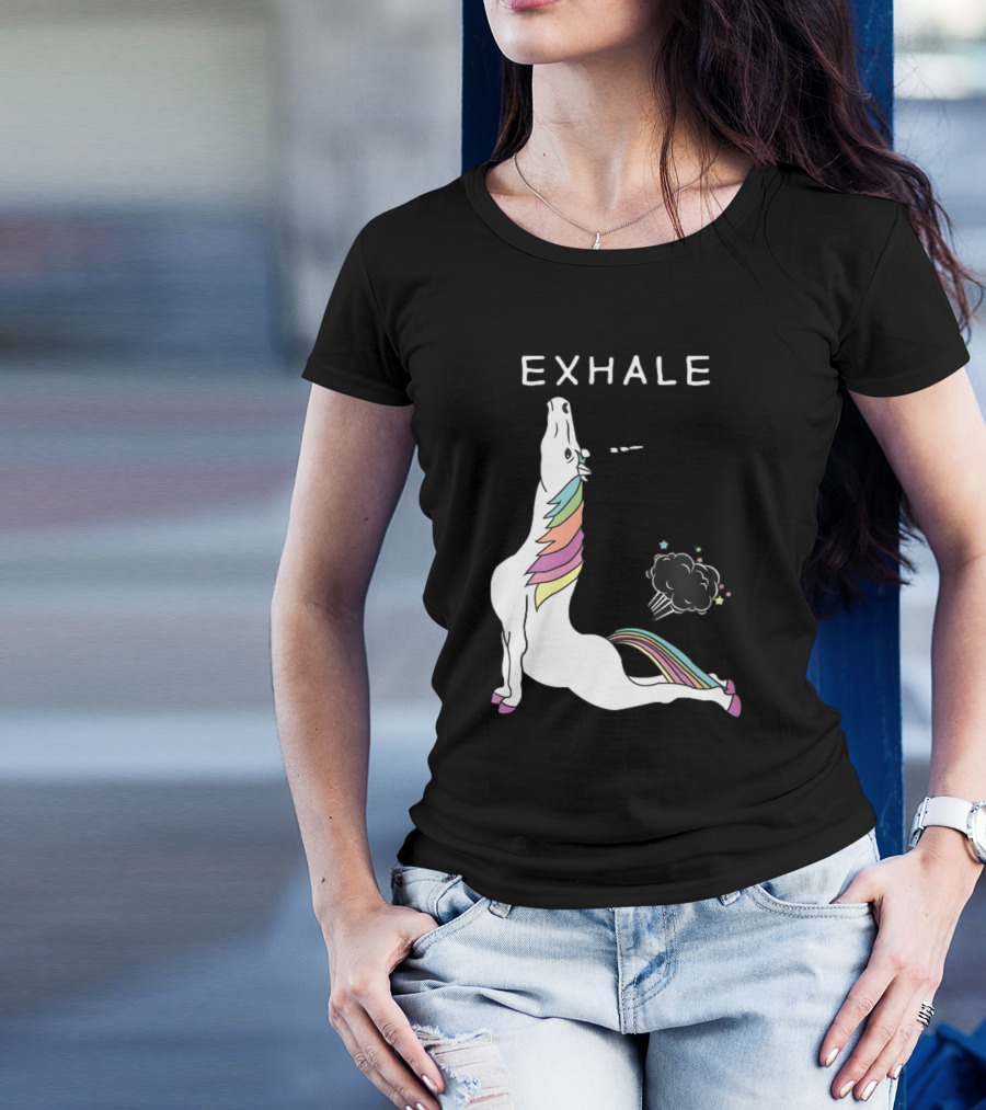 Exhale Yoga Unicorn Pose With Rainbow Mane And Magical Cloud T-Shirt