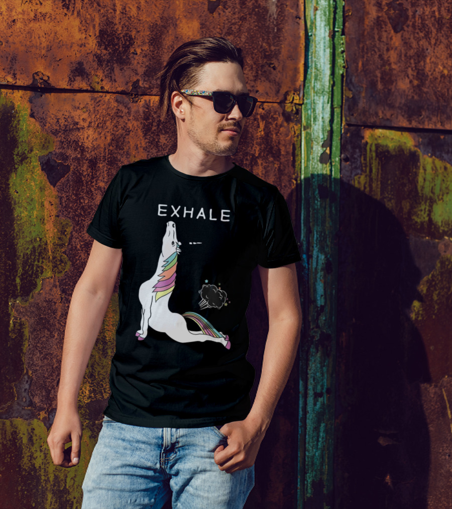 Exhale Yoga Unicorn Pose With Rainbow Mane And Magical Cloud T-Shirt