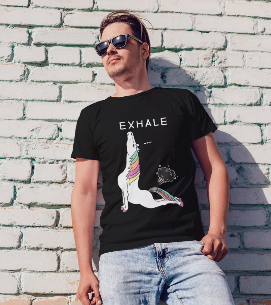 Exhale Yoga Unicorn Pose With Rainbow Mane And Magical Cloud T-Shirt