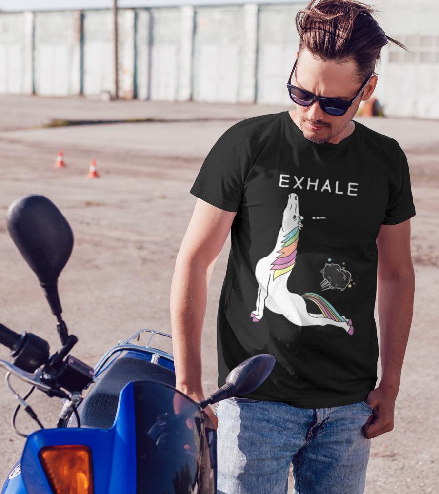 Exhale Yoga Unicorn Pose With Rainbow Mane And Magical Cloud T-Shirt