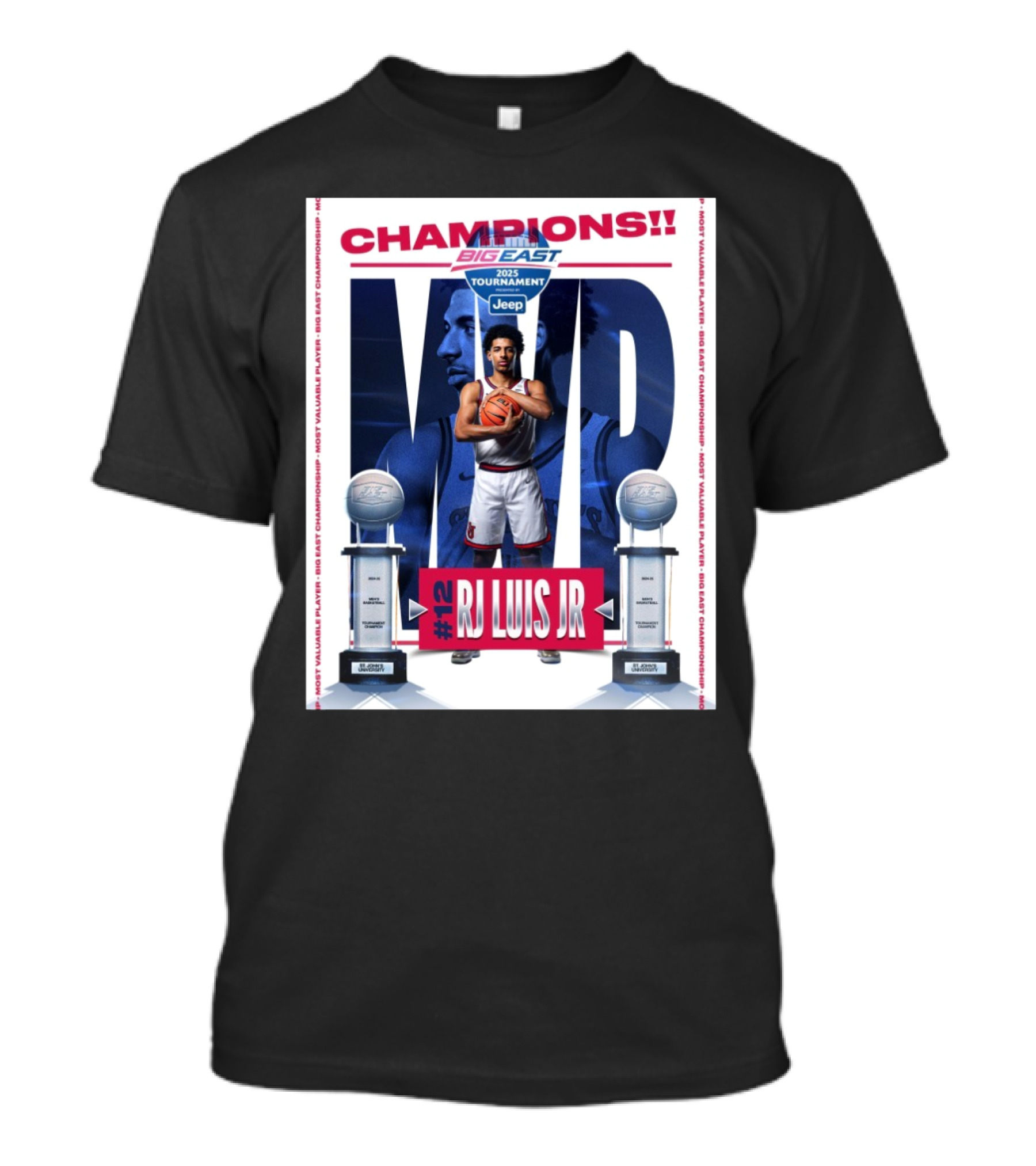 St John’s Red Storm Men’s Basketball 2025 Big East Champions MVP #12 RJ Luis Jr Tournament T-Shirt