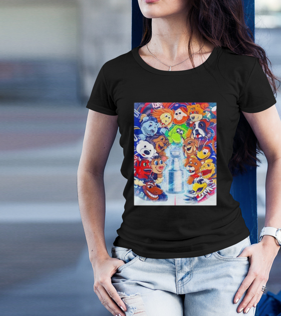 Stanley Cup Playoffs 2025 Mascots With NHL Team Icons Featuring Iconic Trophy T-Shirt