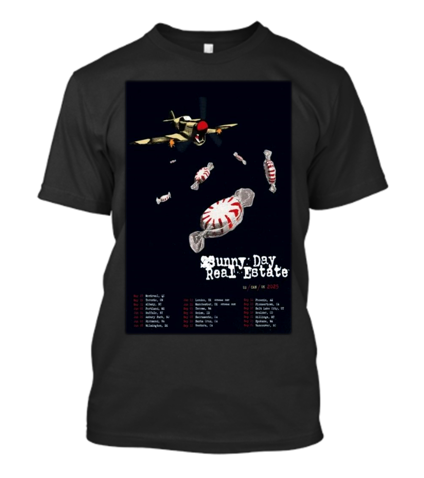 Sunny Day Real Estate Tour 2025 US CAN UK With Airplane And Candy Imagery T-Shirt