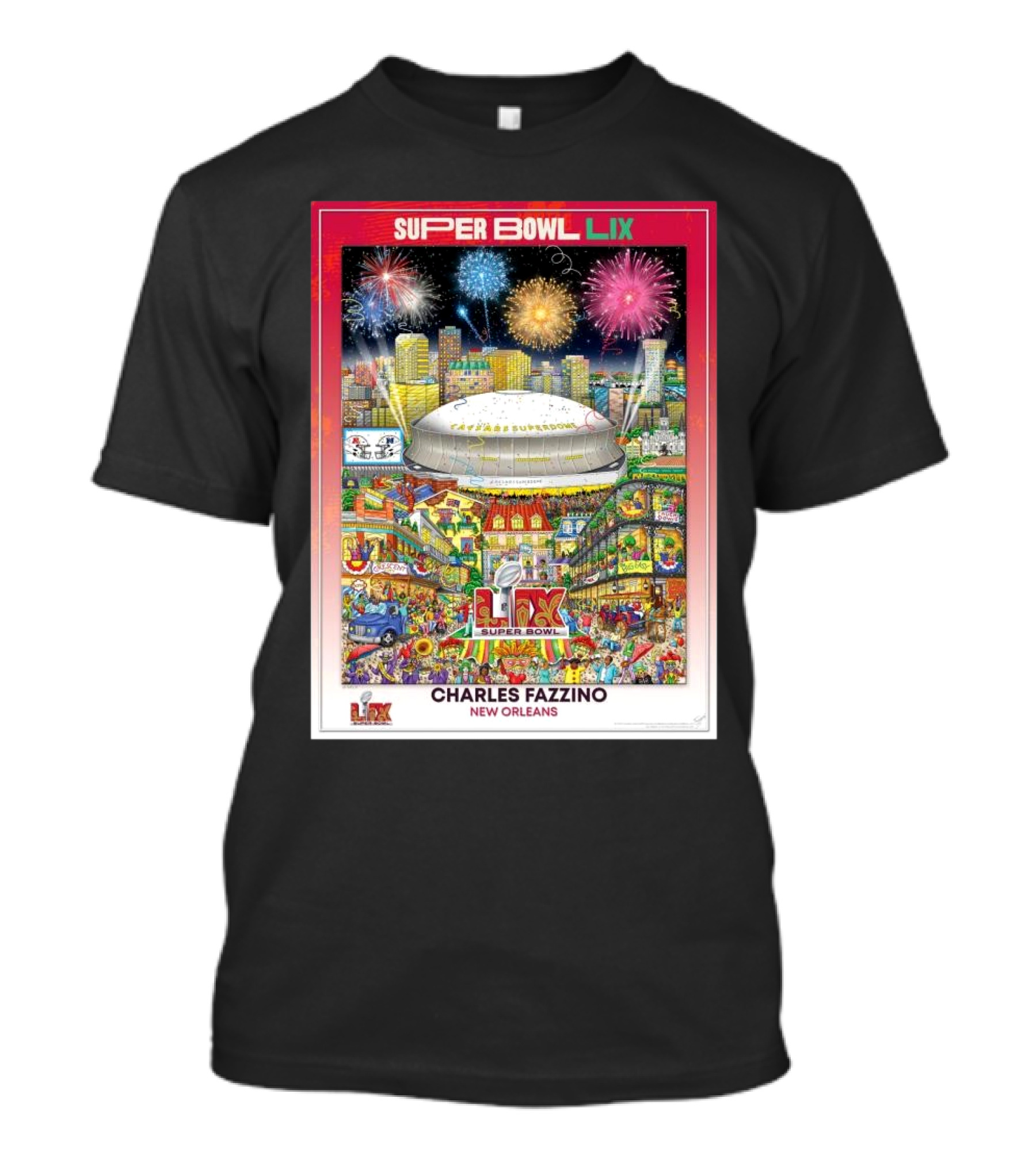 Super Bowl LIX New Orleans 2025 Charles Fazzino Official NFL Football Commemorative Pop Stadium Fireworks Art T-Shirt