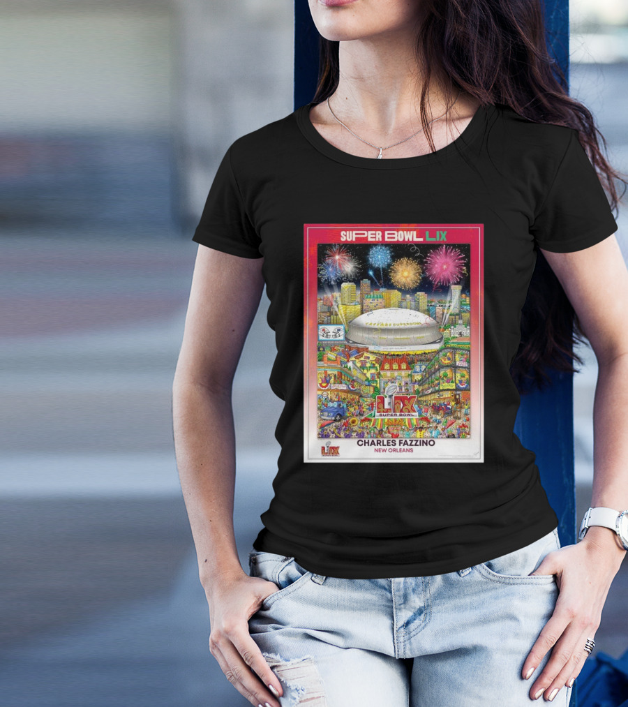 Super Bowl LIX New Orleans 2025 Charles Fazzino Official NFL Football Commemorative Pop Stadium Fireworks Art T-Shirt