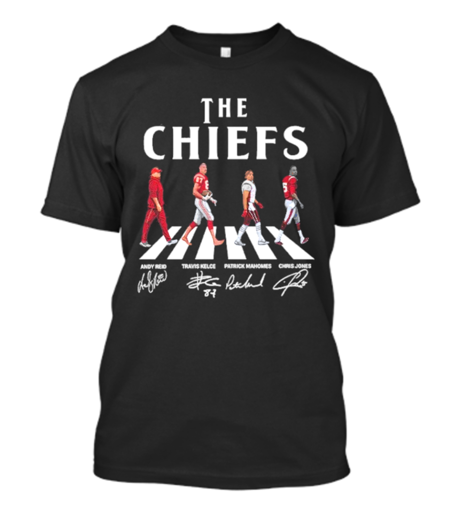 The Chiefs Andy Reid Travis Kelce Patrick Mahomes Chris Jones Abbey Road Signature T-Shirt