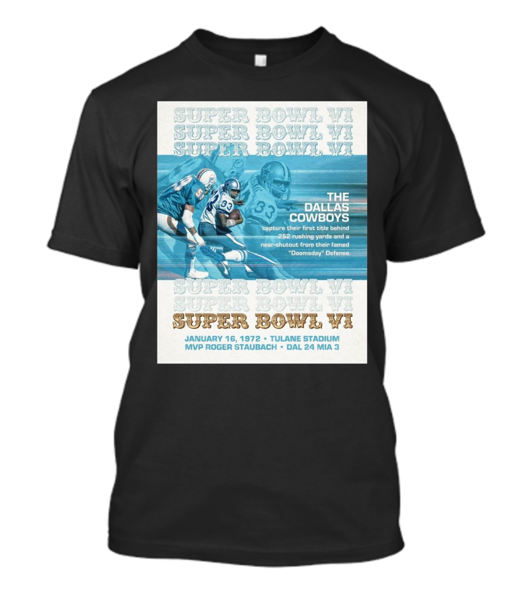 Super Bowl VI Dallas Cowboys Victory 252 Rushing Yards Doomsday Defense January 16 1972 Tulane Stadium T-Shirt