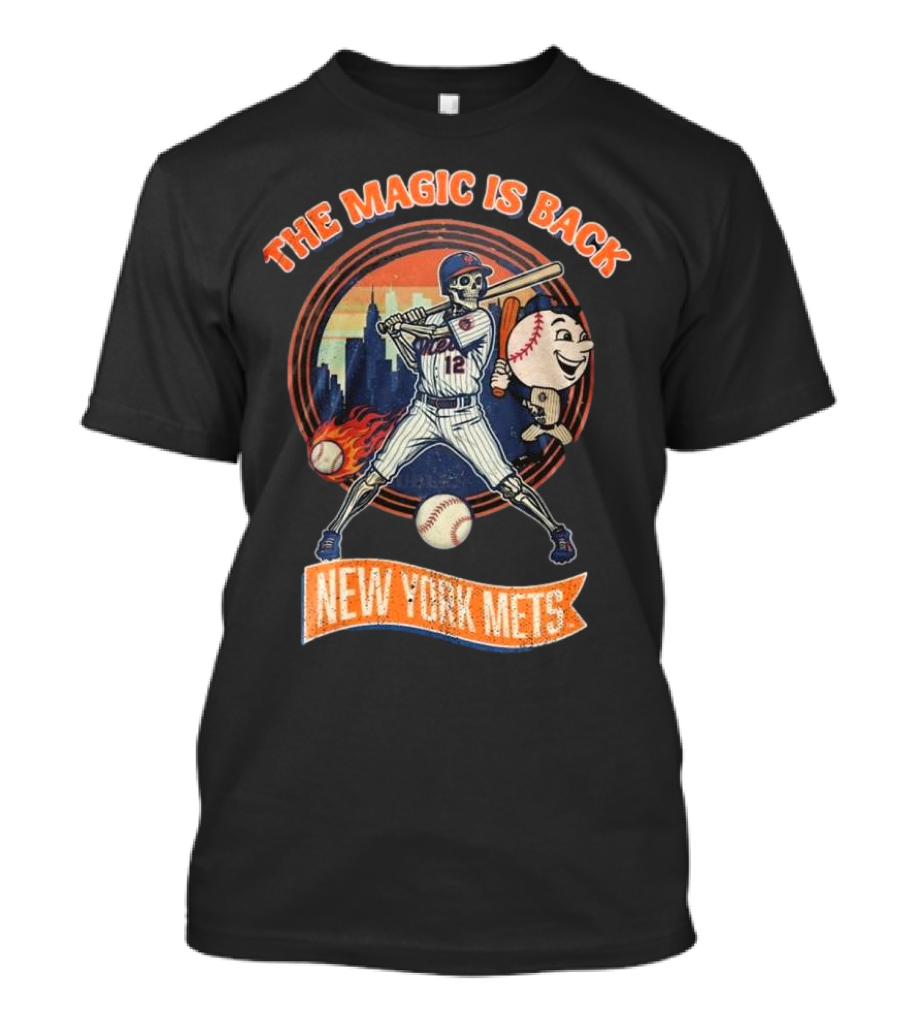 The Magic Is Back New York Mets Never Say Die Skull Baseball Character T-Shirt