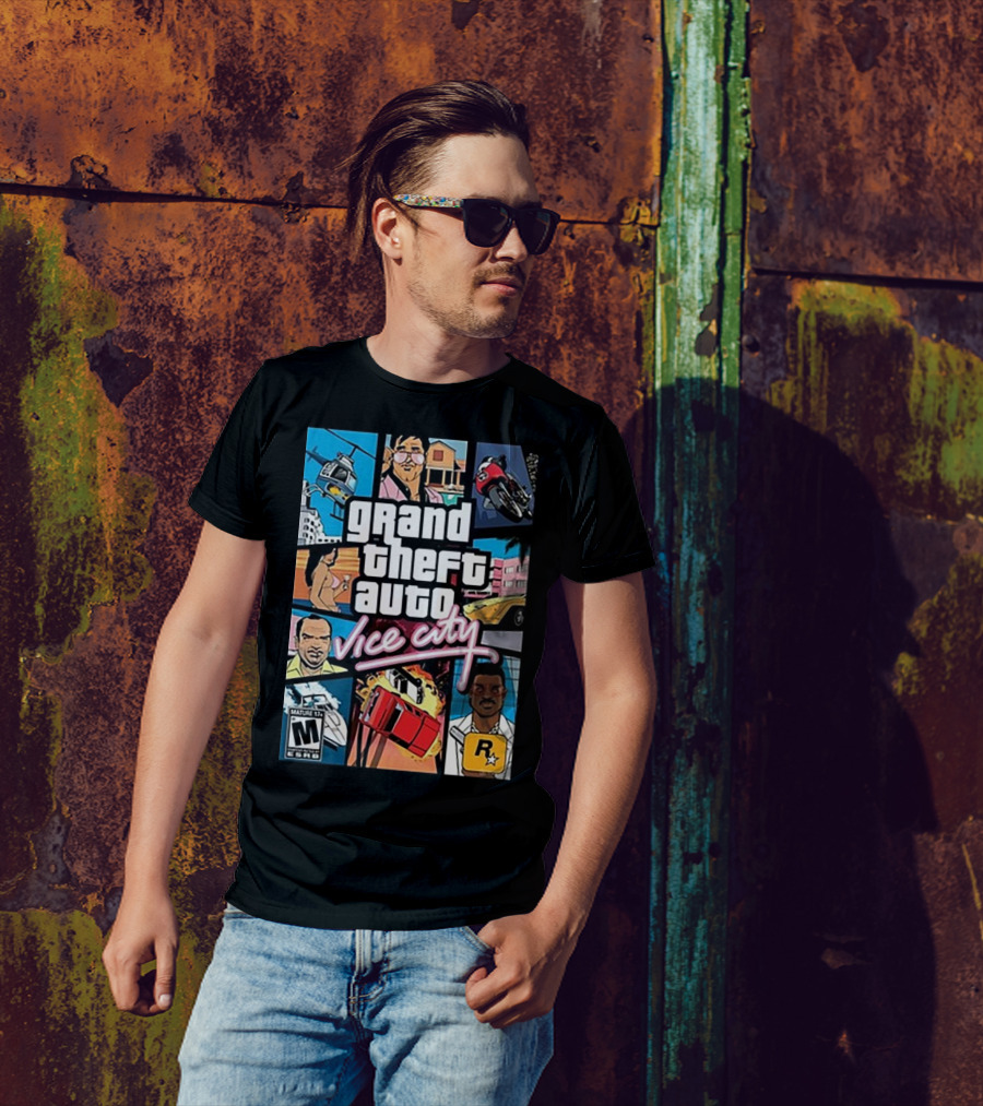 Grand Theft Auto Vice City Game Cover Art Helicopter Motorcycle Car Explosion R Star Logo T-Shirt