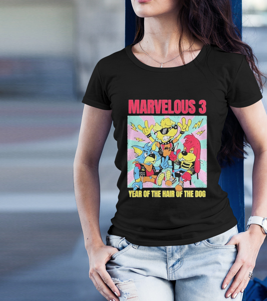 Marvelous 3 Year Of The Hair Of The Dog Cartoon Dogs With Punk Outfits And Sunglasses T-Shirt
