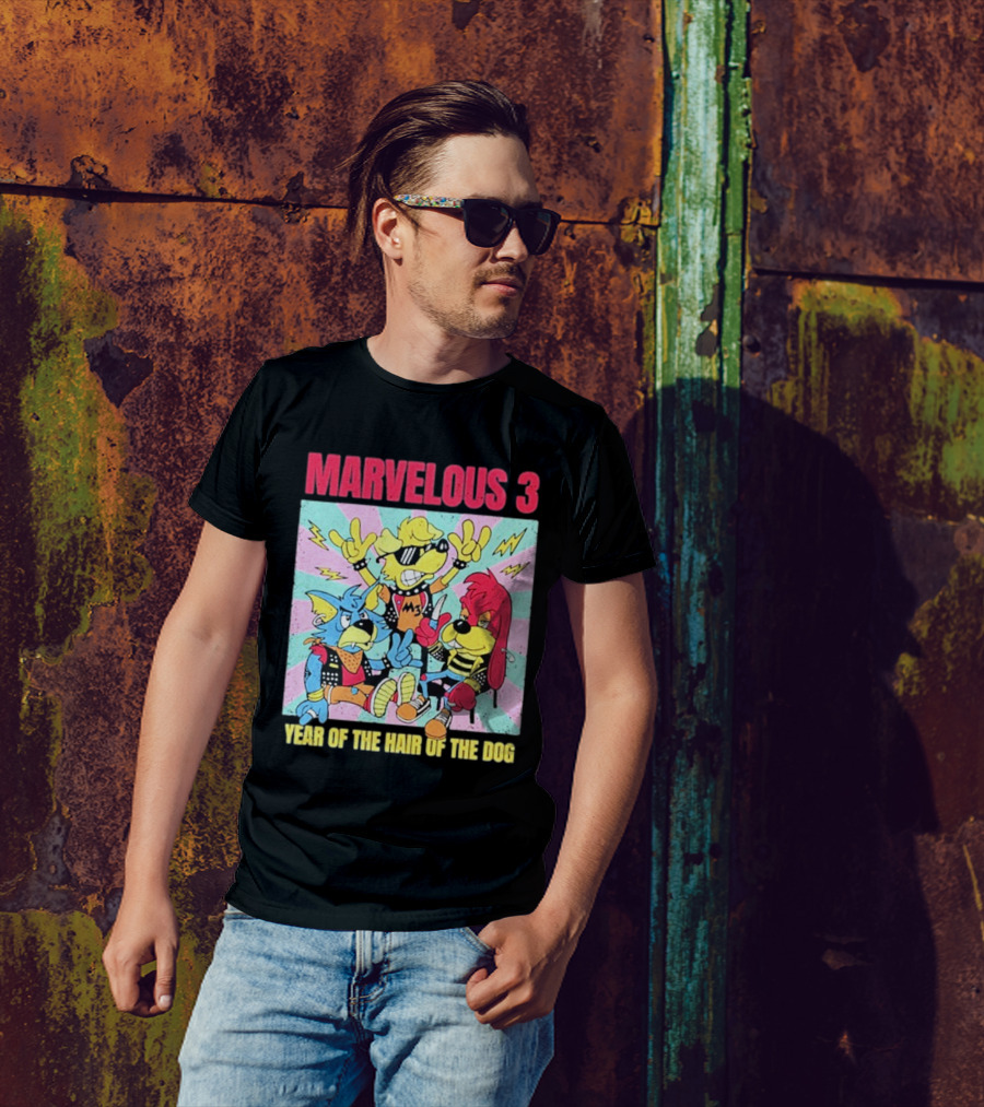 Marvelous 3 Year Of The Hair Of The Dog Cartoon Dogs With Punk Outfits And Sunglasses T-Shirt