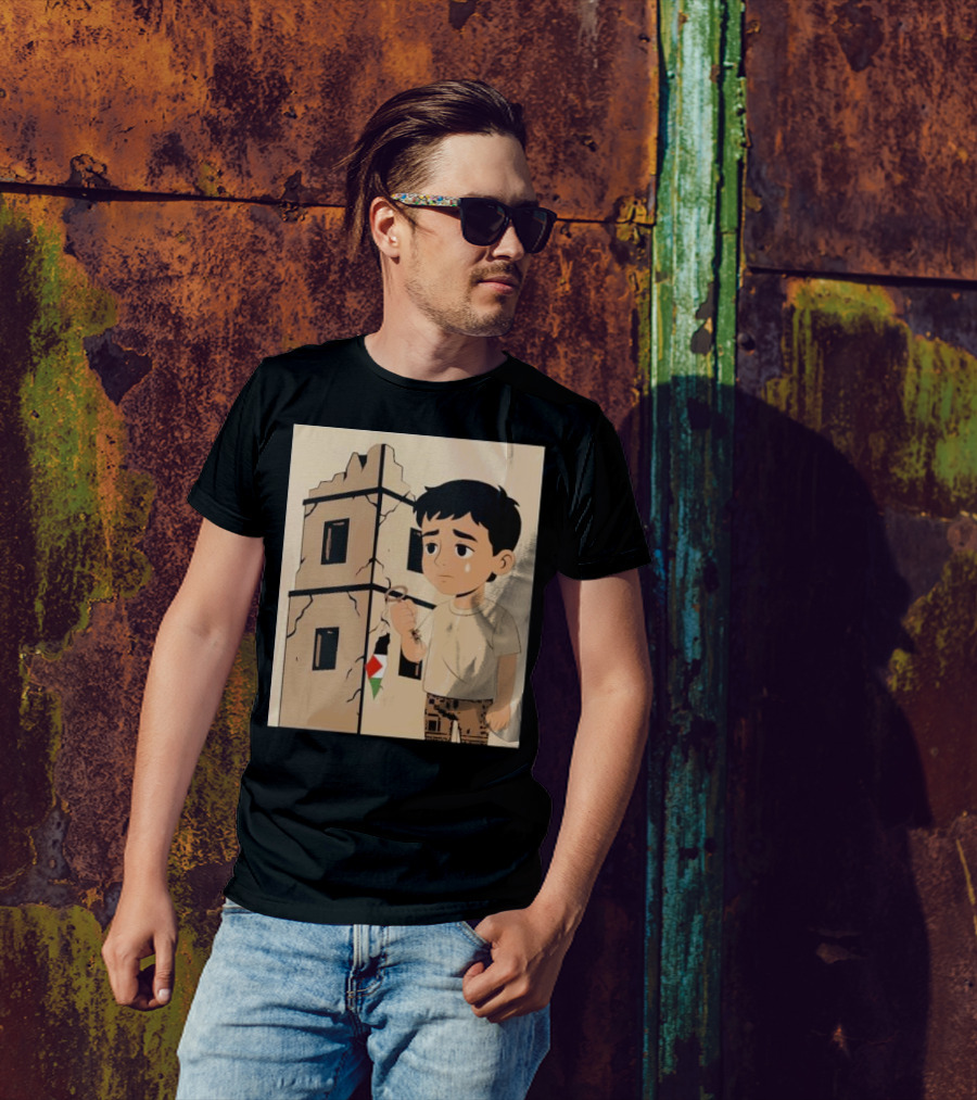 They Are Without Homes Boy Holding Key In Front Of Crumbling Building Palestinian Flag T-Shirt