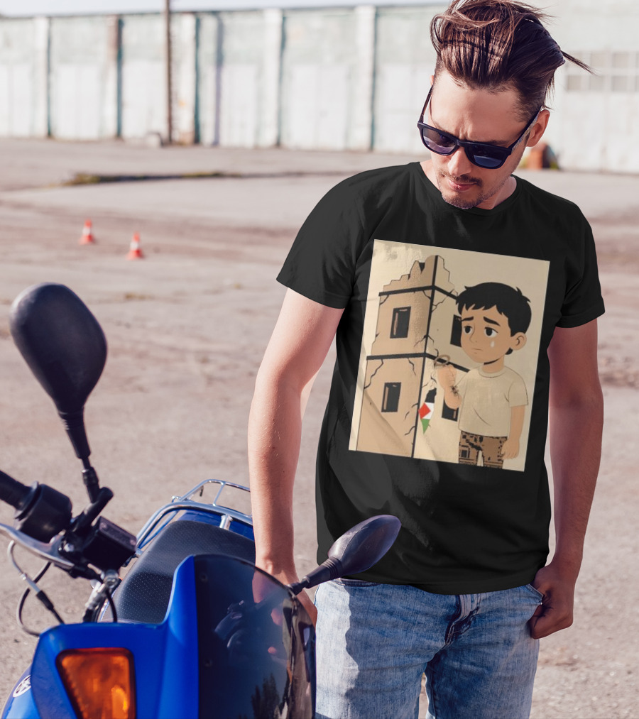 They Are Without Homes Boy Holding Key In Front Of Crumbling Building Palestinian Flag T-Shirt