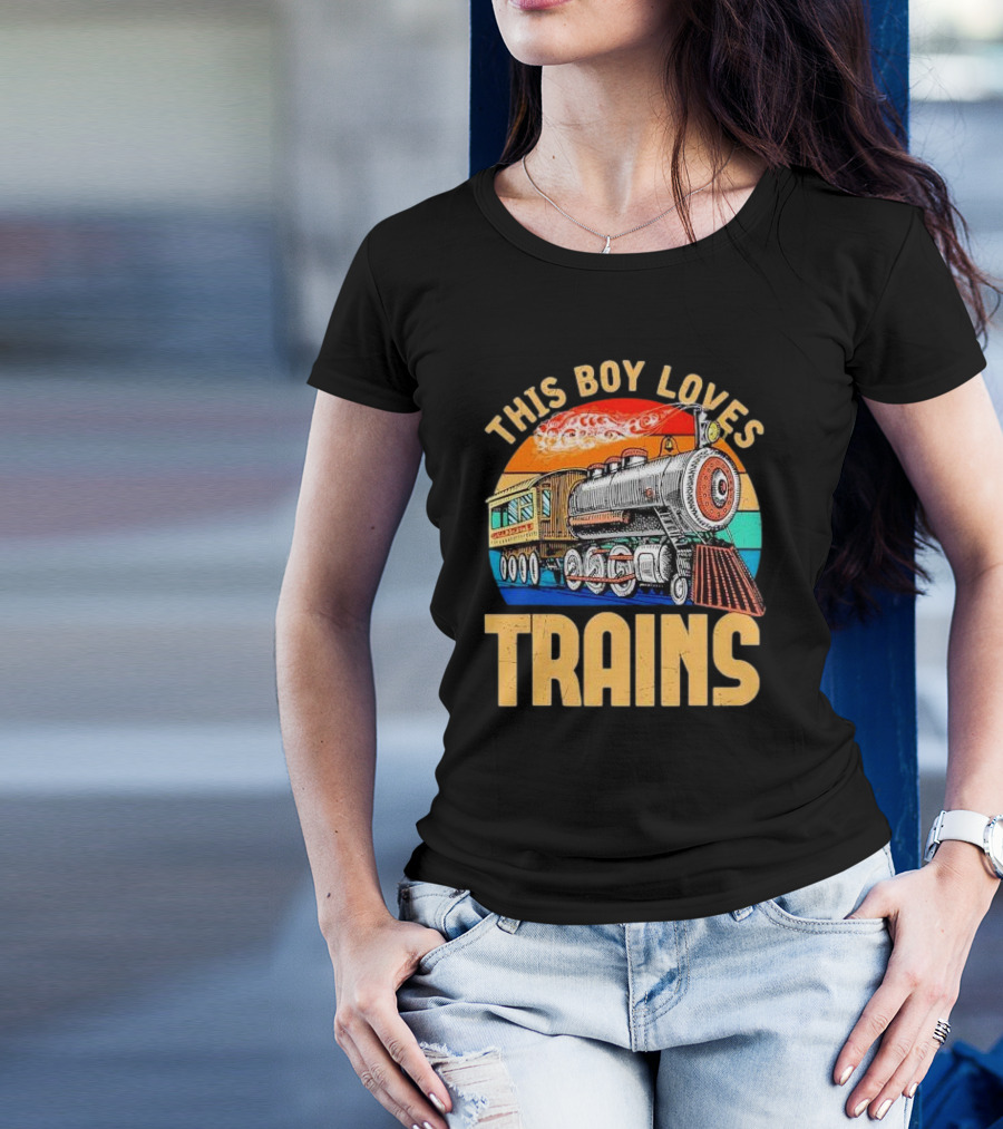 This Boy Loves Trains Vintage Steam Locomotive Railroad Enthusiast T-Shirt