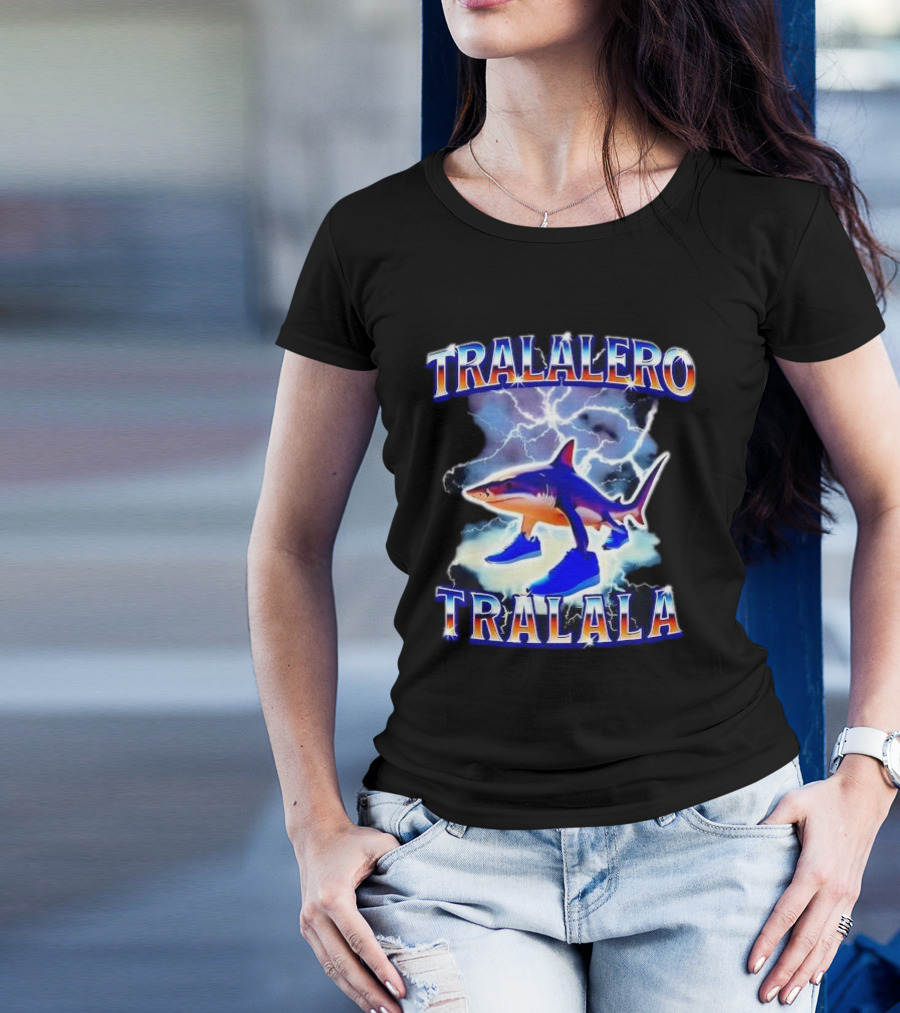 TRALALERO TRALALA Shark With Sneakers Lightning Background T-Shirt