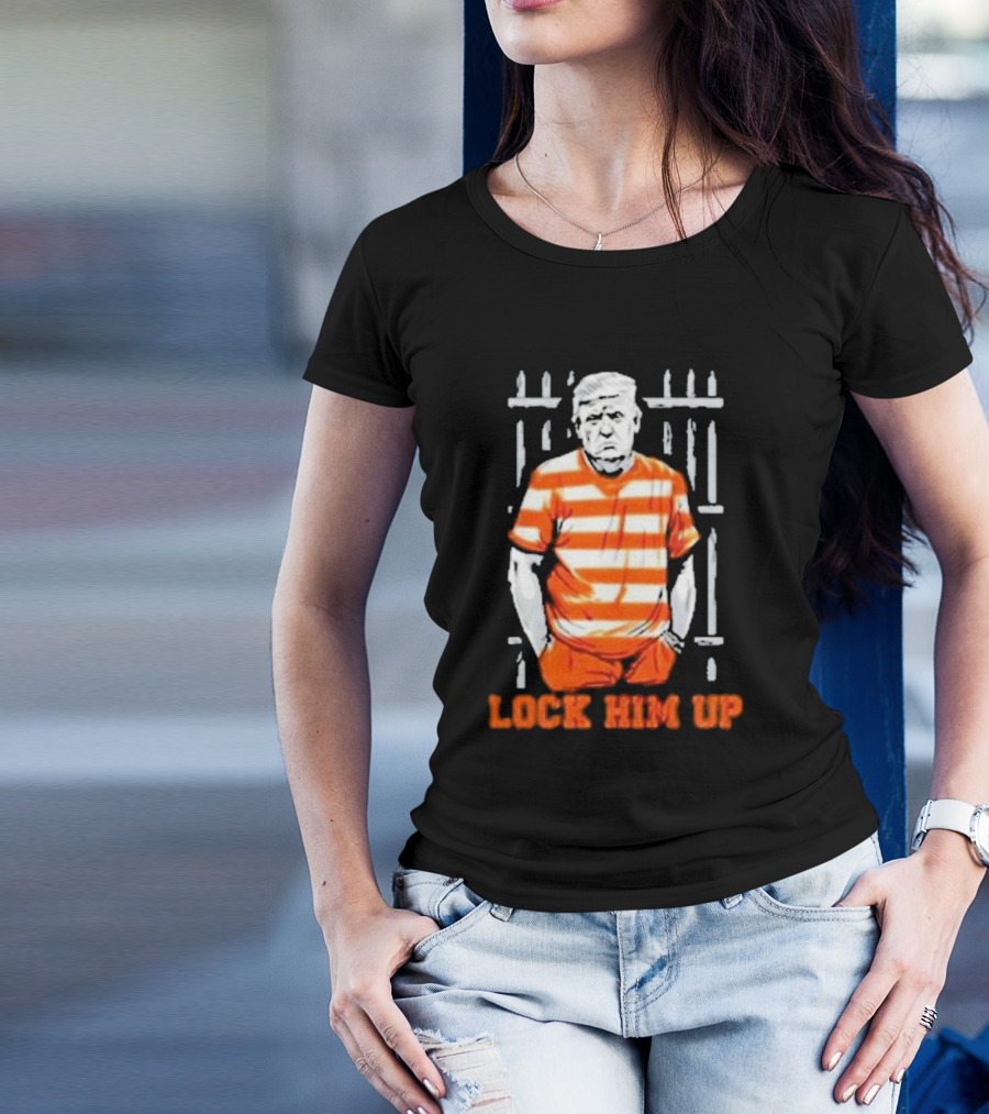 Trump Lock Him Up Jail Stripes Standing Prison Bars T-Shirt