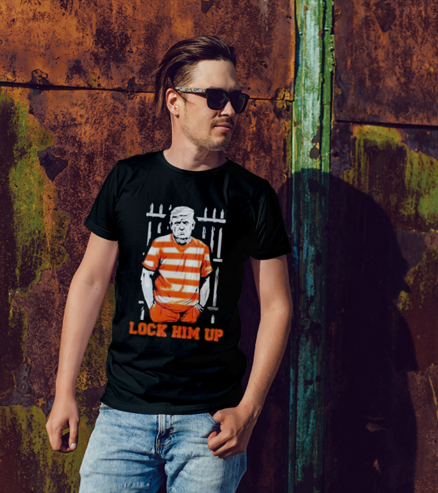 Trump Lock Him Up Jail Stripes Standing Prison Bars T-Shirt