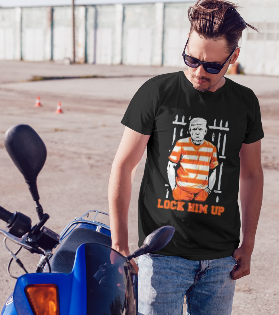 Trump Lock Him Up Jail Stripes Standing Prison Bars T-Shirt
