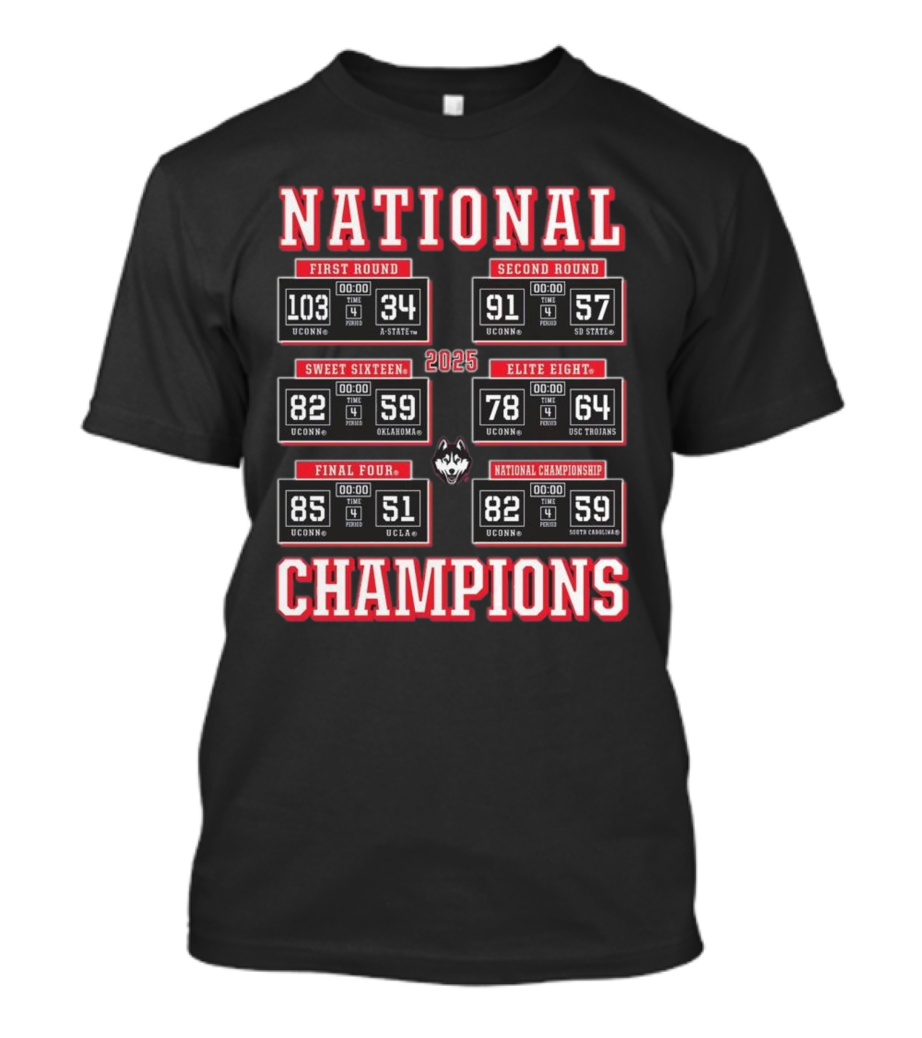 UConn Huskies 2025 NCAA Women’s Basketball National Champions Scoreboard Highlights T-Shirt