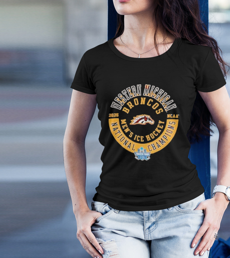 Western Michigan Broncos 2025 Men's Ice Hockey National Champions Frozen Four Circle T-Shirt