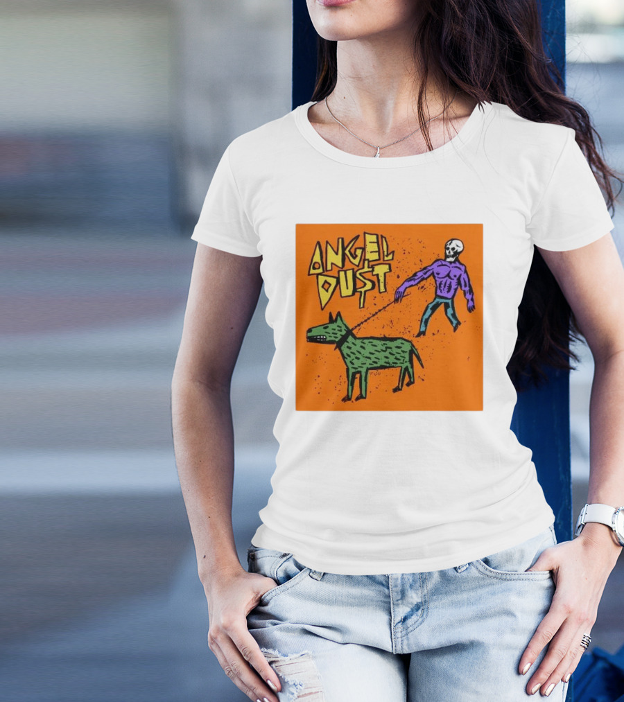 ANGEL DU$T Walking Skeleton With Green Dog Art T-Shirt