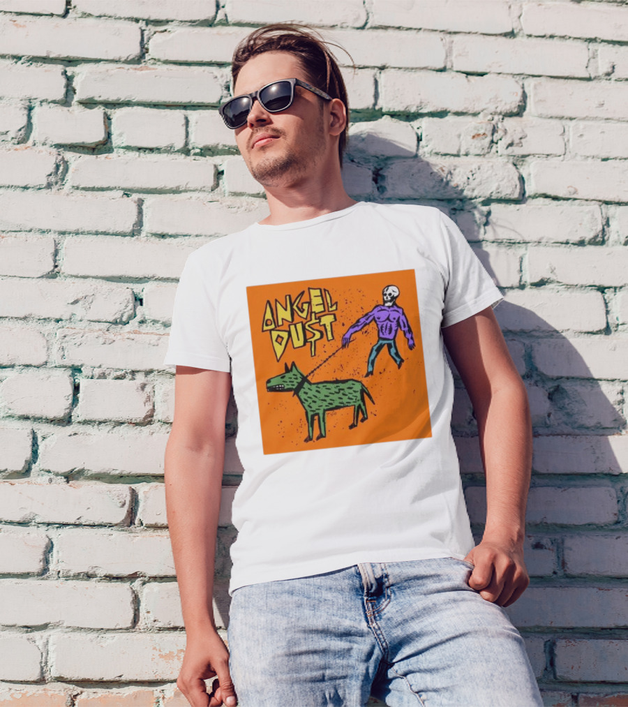 ANGEL DU$T Walking Skeleton With Green Dog Art T-Shirt