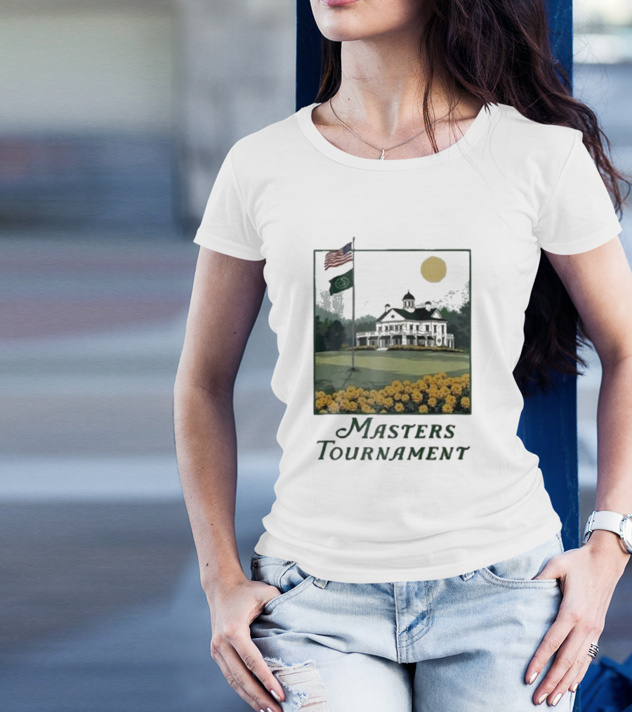Masters Tournament Augusta 2025 Iconic Clubhouse American And Tournament Flags With Yellow Flowers T-Shirt