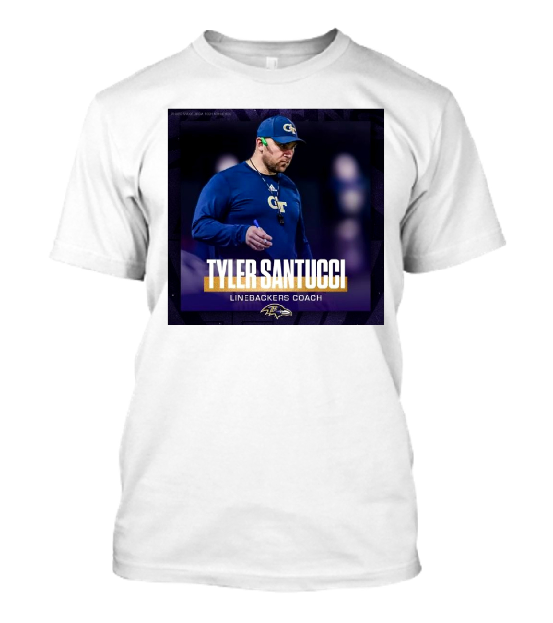 Baltimore Ravens Tyler Santucci Linebackers Coach Announcement With Ravens Logo And GT Attire T-Shirt