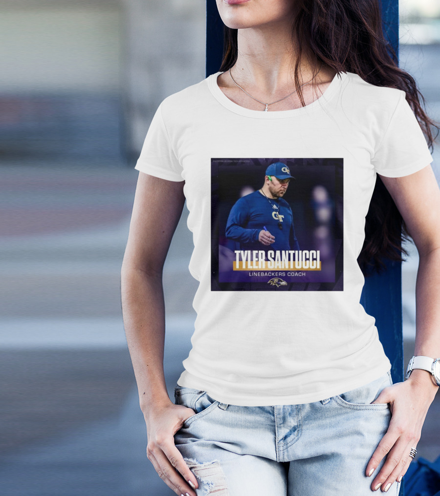 Baltimore Ravens Tyler Santucci Linebackers Coach Announcement With Ravens Logo And GT Attire T-Shirt