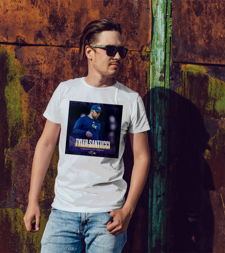 Baltimore Ravens Tyler Santucci Linebackers Coach Announcement With Ravens Logo And GT Attire T-Shirt