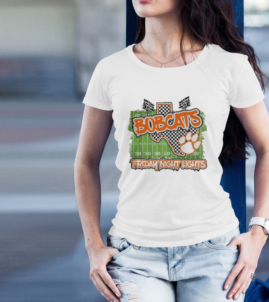 Bobcats Friday Night Lights Texas Football Paw Print Field Checkerboard T-Shirt
