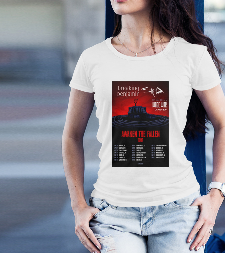 Breaking Benjamin Staind Awaken The Fallen Tour 2025 Special Guests Wage War Lakeview T-Shirt