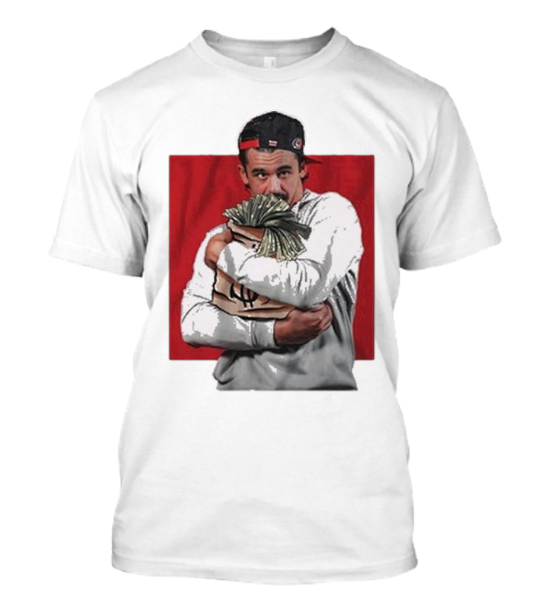 Carolina Hurricanes Seth Jarvis Hugging Money Bag Illustration With Backwards Cap T-Shirt