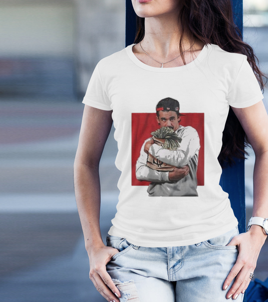 Carolina Hurricanes Seth Jarvis Hugging Money Bag Illustration With Backwards Cap T-Shirt