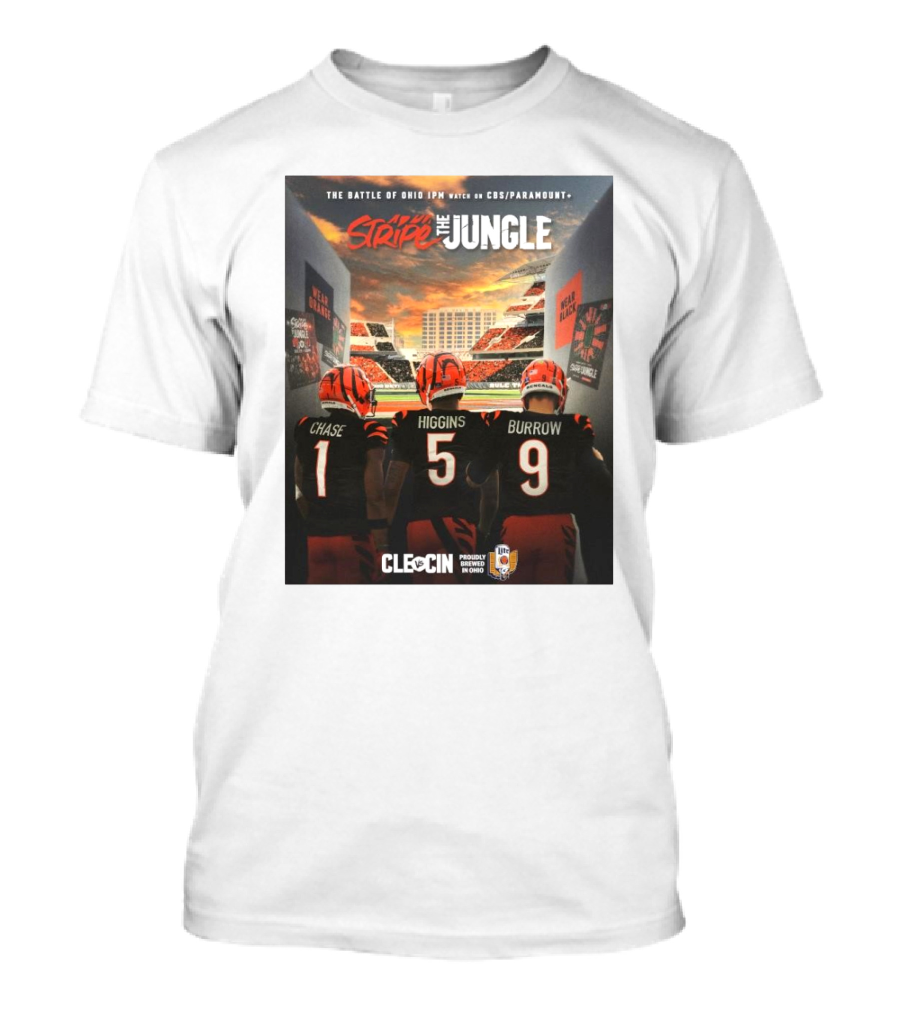 Cleveland Browns Vs Cincinnati Bengals Stripe The Jungle The Battle Of Ohio 1 PM CBS Paramount Plus Chase Higgins Burrow CLE Vs CIN T-Shirt