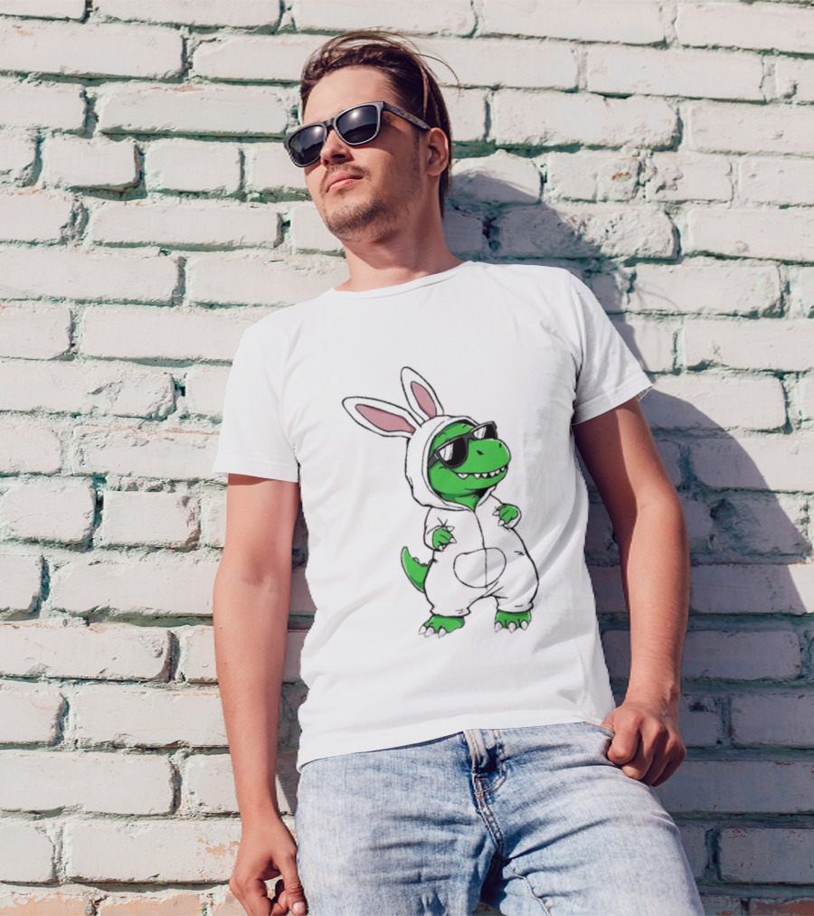 Cool Dino Wearing Easter Bunny Rabbit Costume With Sunglasses T-Shirt