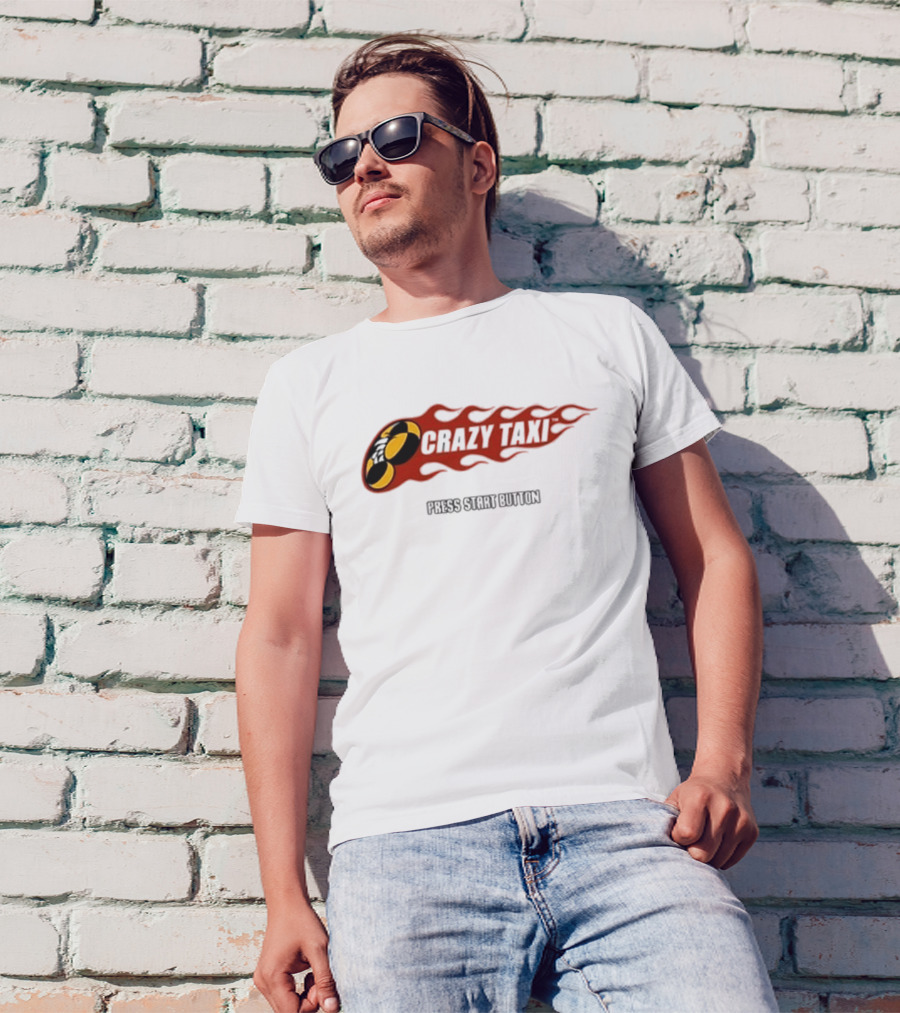 Crazy Taxi Press Start Button Iconic Video Game Flames Graphic T-Shirt
