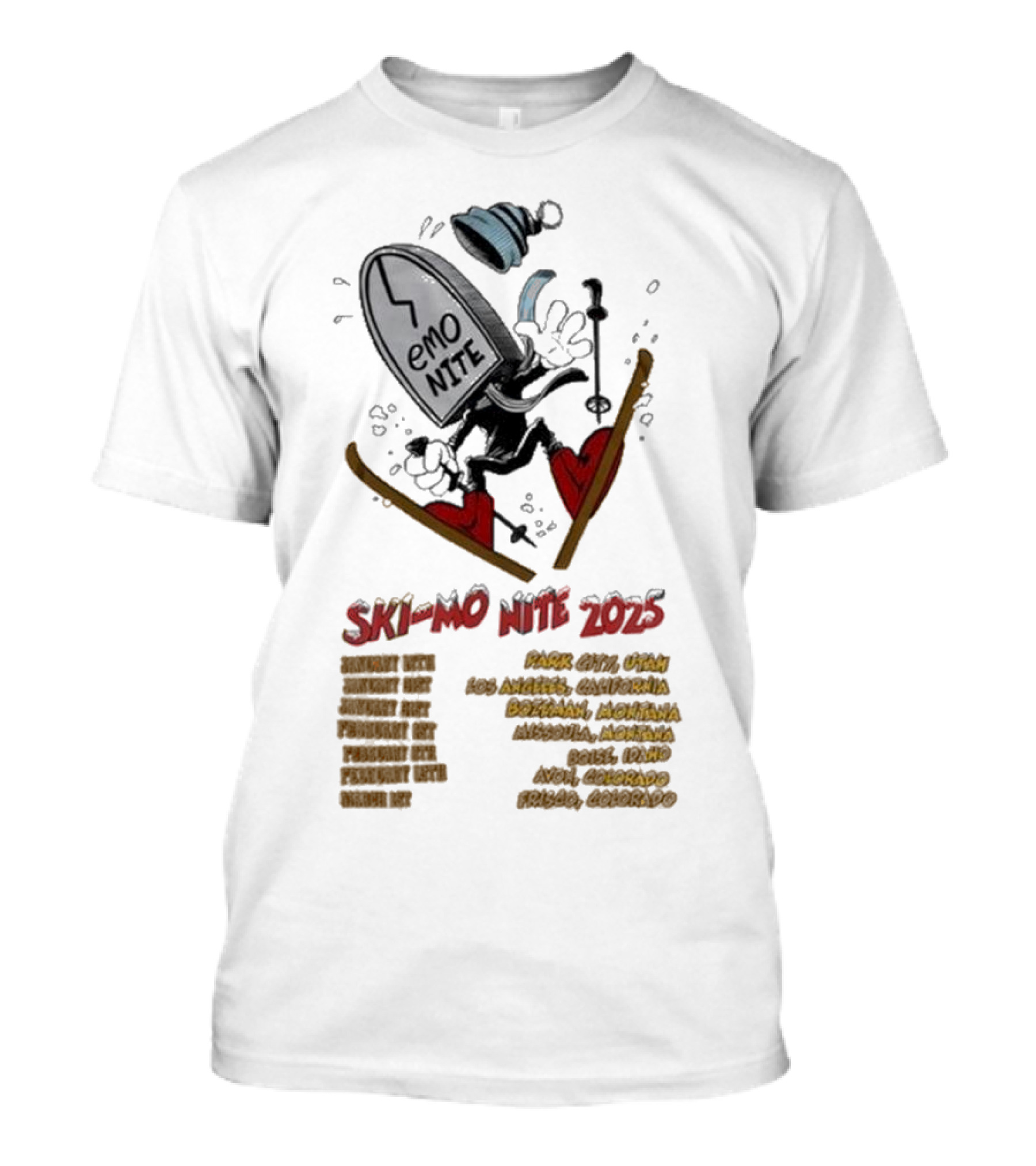 Emo Nite Ski-Mo Nite Tour 2025 Heart Broken Snowboard And Ski Poles Event Locations T-Shirt