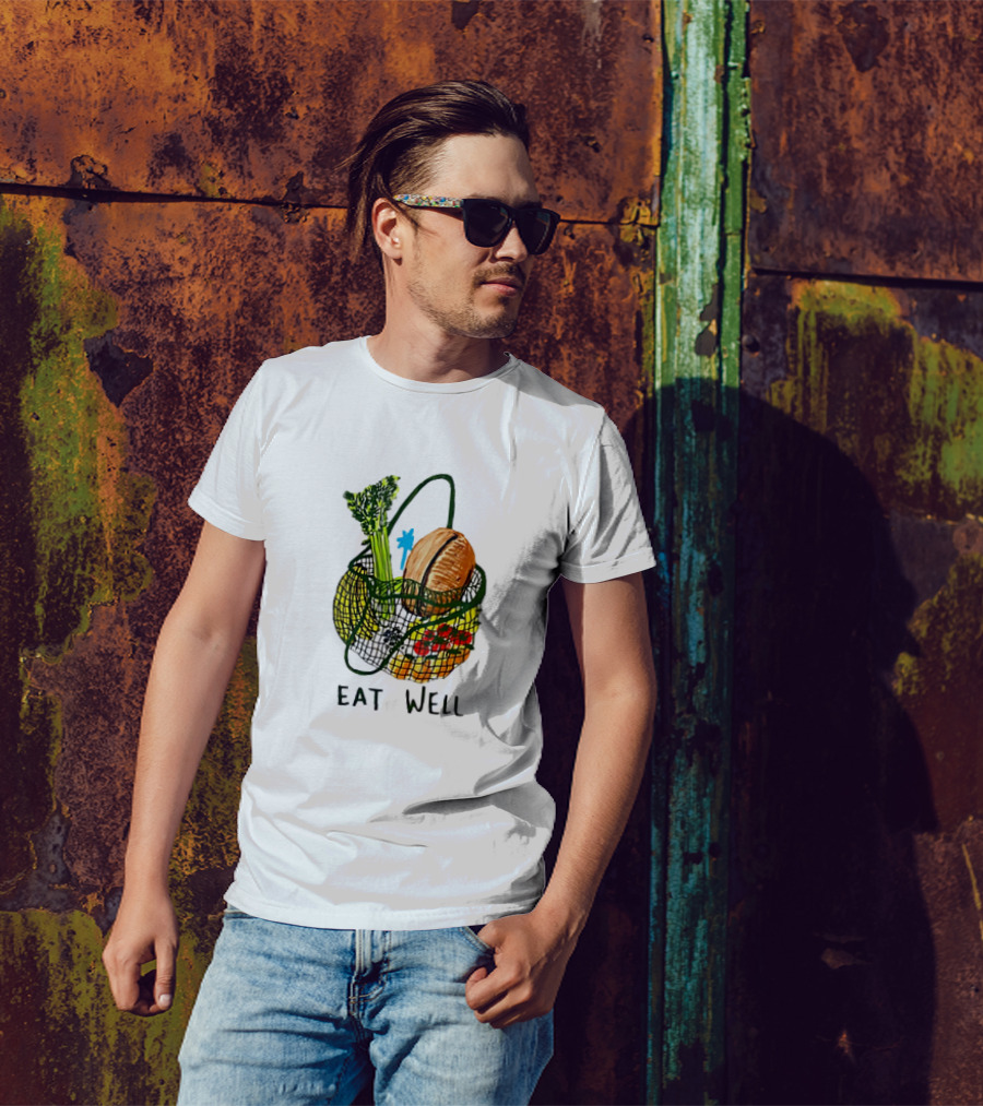Eat Well Groceries In Mesh Bag With Baguette Broccoli Tomato T-Shirt