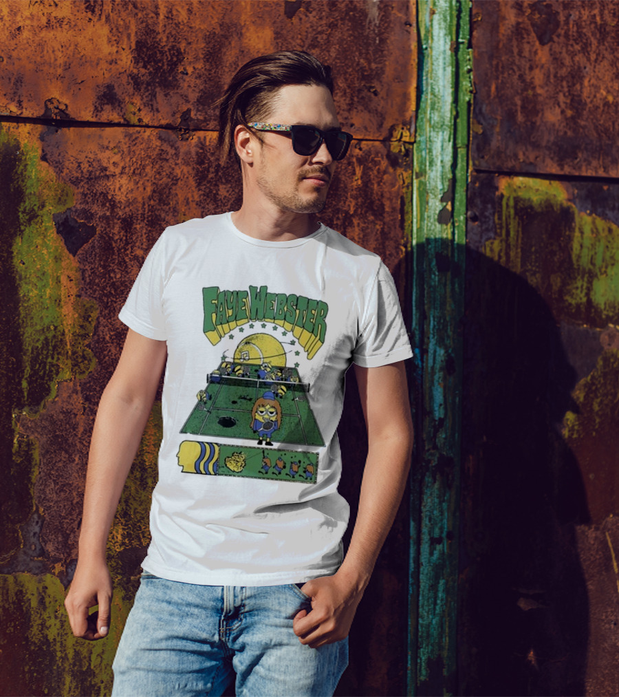 Faye Webster Brain Dead Tennis Court Scene With Yellow Characters And Sports Imagery T-Shirt
