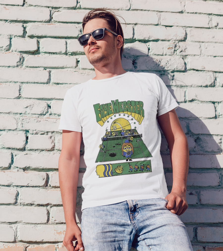 Faye Webster Brain Dead Tennis Court Scene With Yellow Characters And Sports Imagery T-Shirt