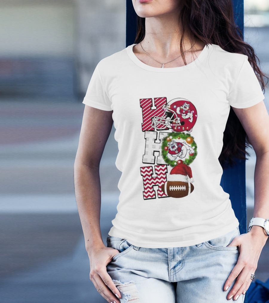 Fresno State Bulldogs Football Christmas Helmet Wreath Santa Hat Rugby T-Shirt