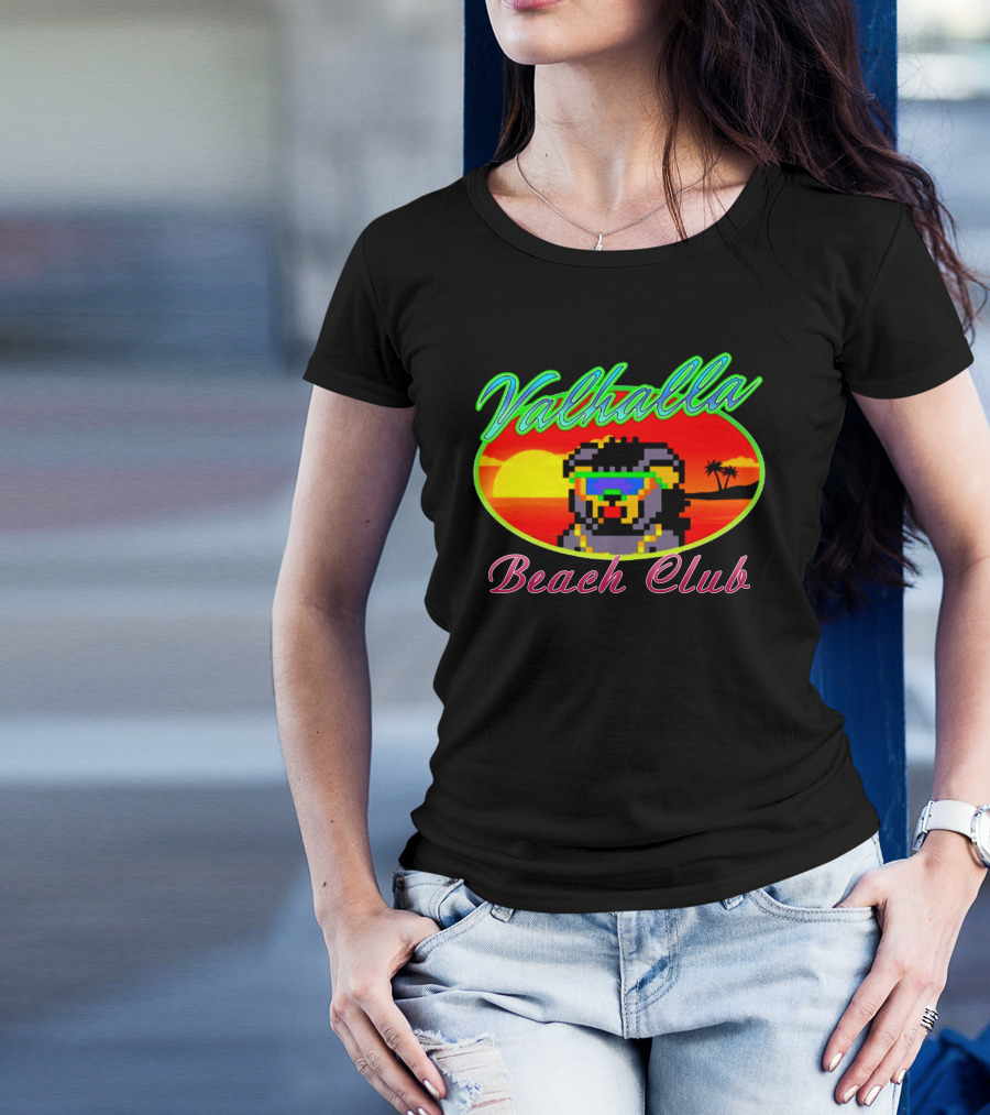 Valhalla Beach Club 80s Retro Pixel Sunset And Palm Trees T-Shirt