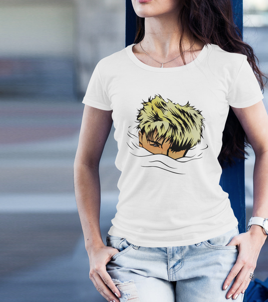 The Devil Wore Anime Character With Blond Spiky Hair Peeking Above Water T-Shirt
