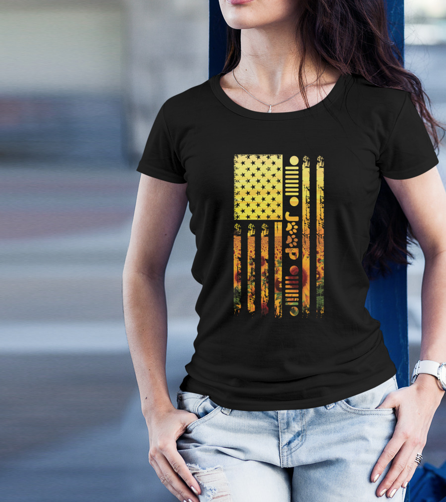 USA Flag Sunflower Paws Jeep Icon T-Shirt